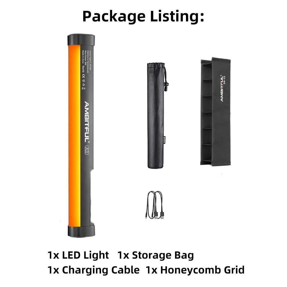 AMBITFUL RGB LED 비디오 스틱 튜브 라이트, 벌집 그리드 내장 앱 리튬 배터리, 마그네틱 기능, A2 RGB 2500-8500K