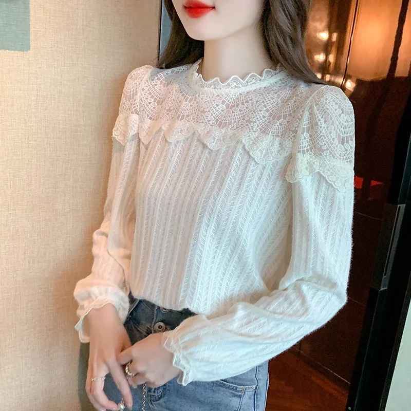 

New Fashion Apricot Lace Blouse Women Elegant Long Sleeve Bottoming Tops Woman Office Lady Lace Shirts Female Clothes 29754