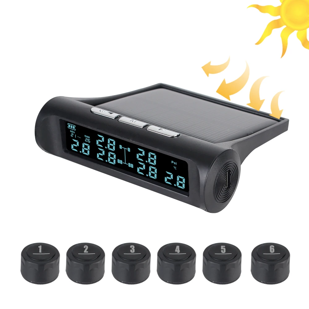 Solar Power 6 Sensors TMPS Truck Tire Pressure Monitoring System Autotruck Tyre Temperature Alarm Tester LCD Display For Bus Car