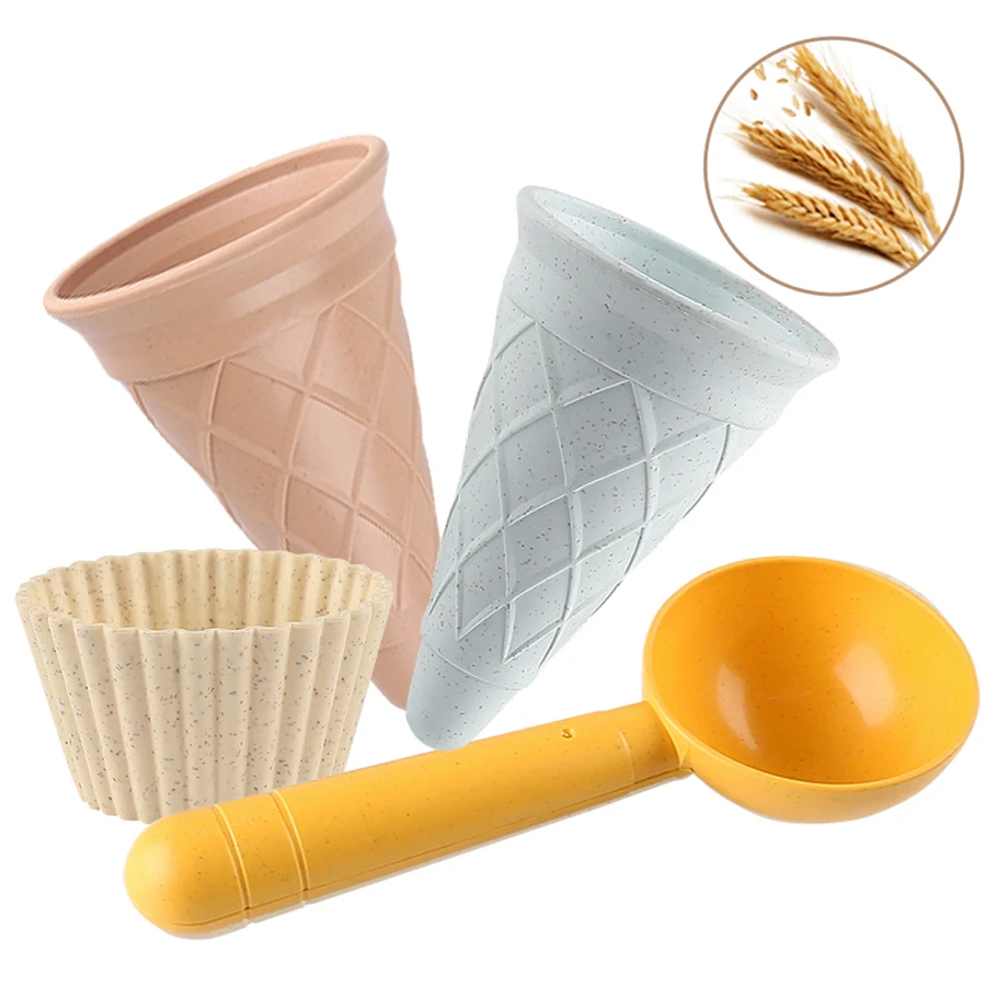 4-piece set beige  cakeembry Play House Toy Beach Ice Cream Tube Digging Spoon cakes embryo Set Plastic Ice Cream Cup Beach Toy 3