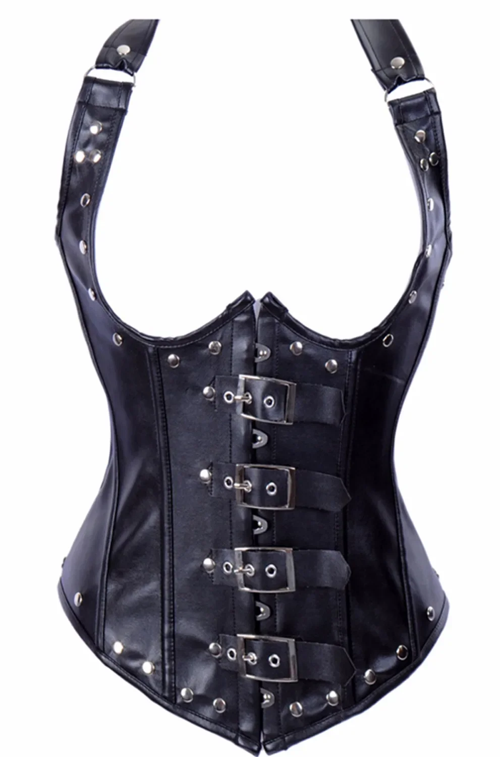 faux leather corset overbust vest top sexy spiral steel bone steampunk corset underbust bustiers shoulder straps women korsett