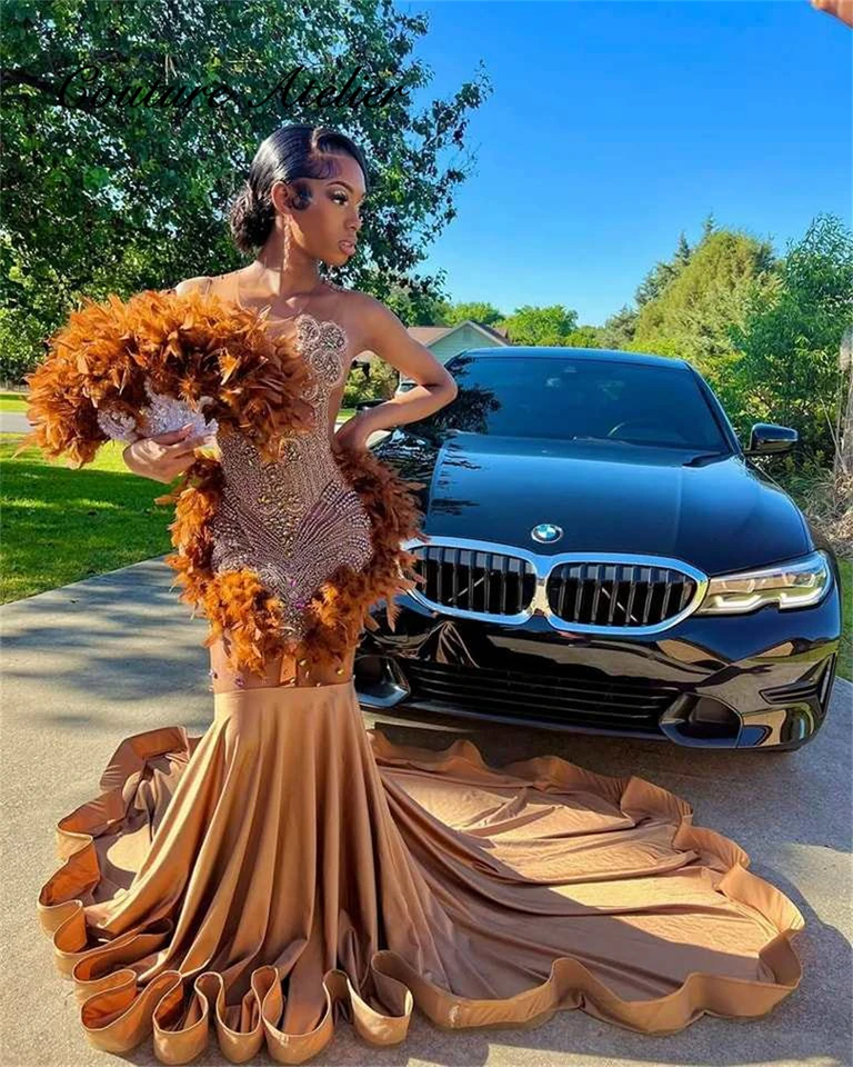 How To Style A Gold Dress Attractive Brown Feather Mermaid Prom Dresses  Beaded Rhinestone Birthday Luxury