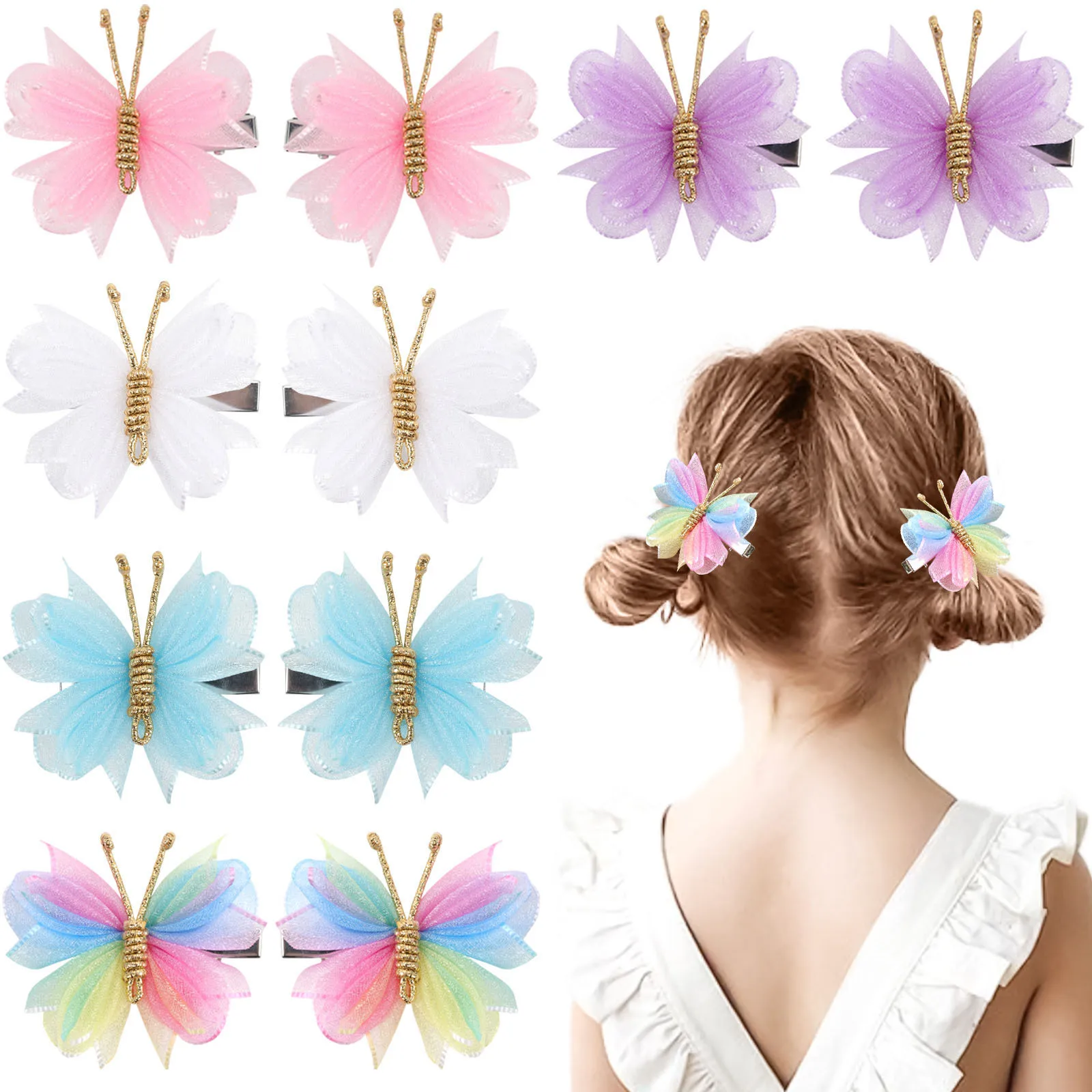2pcs/lot Kids Butterfly Hair Clips Girls Gradient Flocking Hairpin Rianbow Ribbon Barrettes Children Boutique Hairgrips Headwear hair accessories