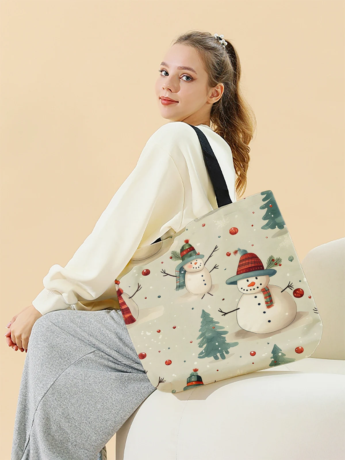 Christmas themed printed casual handbag, reusable fashionable backpack, multifunctional handbag, canvas shopping bag
