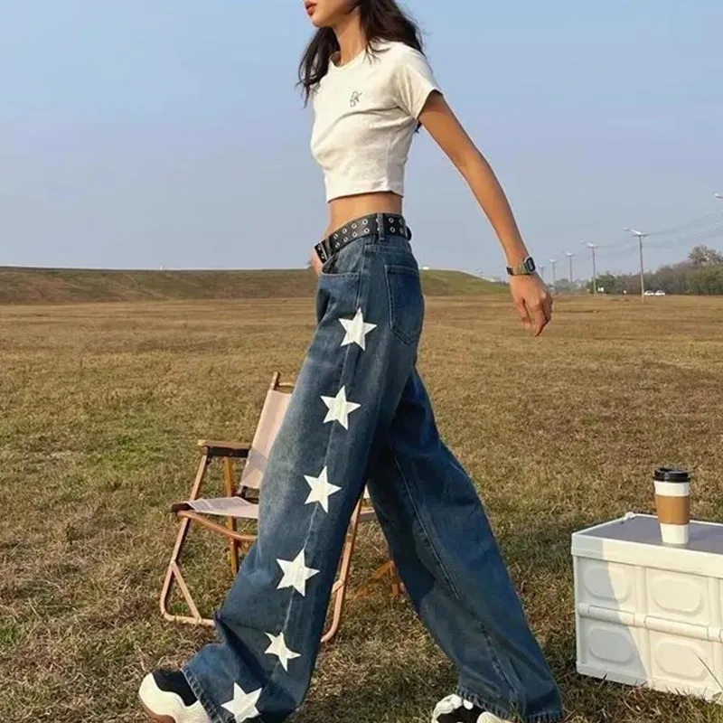 

Брюки Y2K прямые в стиле ретро, уличная одежда в готическом стиле со звездным принтом, простые повседневные свободные джинсы оверсайз с широкими штанинами в стиле хип-хоп