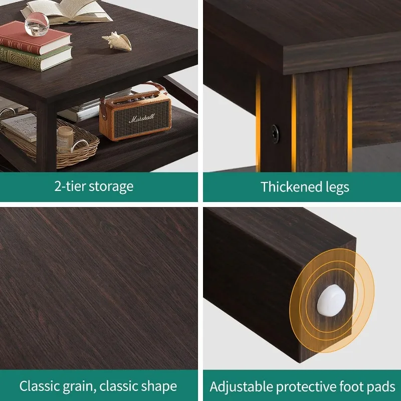 2-Tier Square Coffee Tables with Storage,Coffee Table for Living Room,Center Table Coffee for Home,Wood Living Room 6
