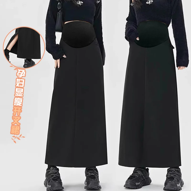 Spring Maternity Suit Skirt Back Split Ankle-length Pregnant Woman Straight Skirts with Pockets Black Pregnancy Long Skirt