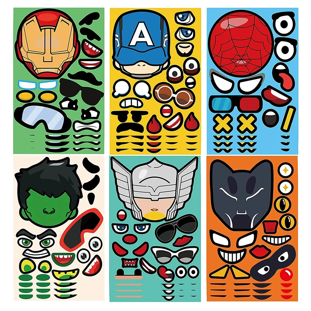 6/12Sheets Disney Superhero Puzzle Sticker Make a Face Decals Books Make Your Own Cartoon Sticker for Kids DIY Educational Toys