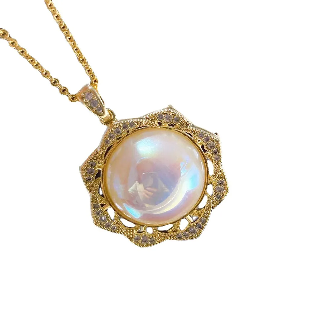 925 silver Flower shape pearl  imitation Marbel pendant retro elegant luxury  gilded jewelry