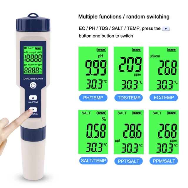 Testeur Qualité Eau Numérique 5-en-1 pH/TDS/EC/Temperature - Pour Piscines, Eau  Potable, Aquariums