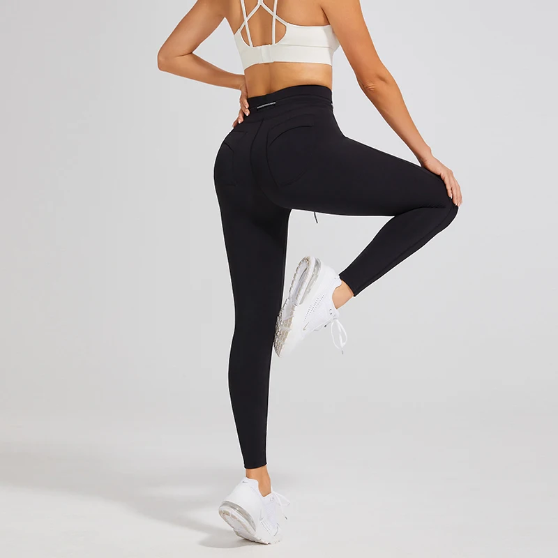 Fitness Female Elastic Drawstring Yoga Pants High Waist Training Joggings  Trousers Nylon Sports Pants For Women With Pockets