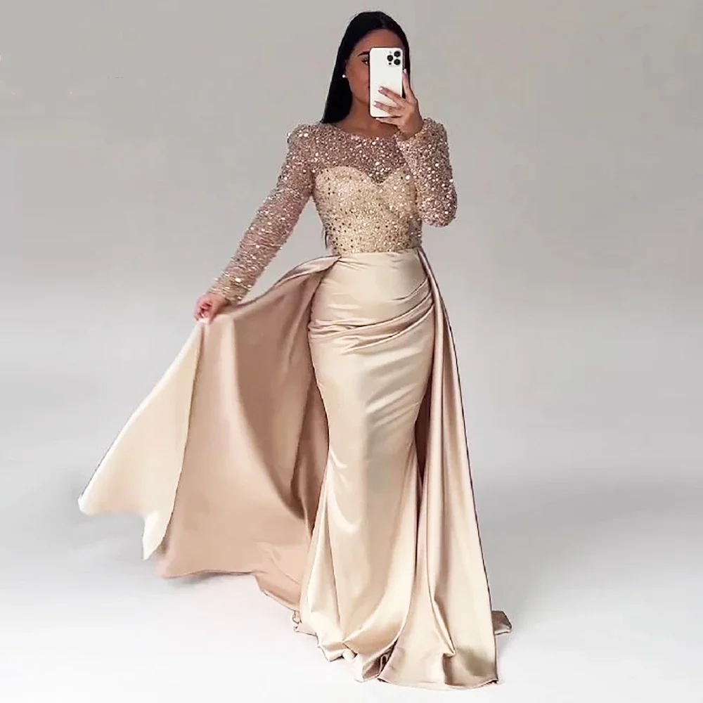 

Champagne Elegant Mermaid Evening Gowns For Women Long Sleeve O-Neck Sequin Beaded Ball Party Dresses فساتين مناسبة رسمية