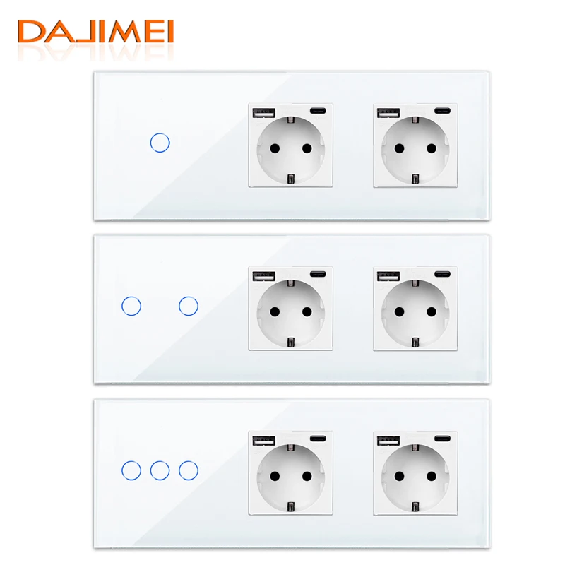Сенсорный выключатель DAJIMEI, 1/2/3 клавиши, 1 канал, с двойным USB Type-C, европейские мощные выключатели света, Черное и белое Хрустальное стекло