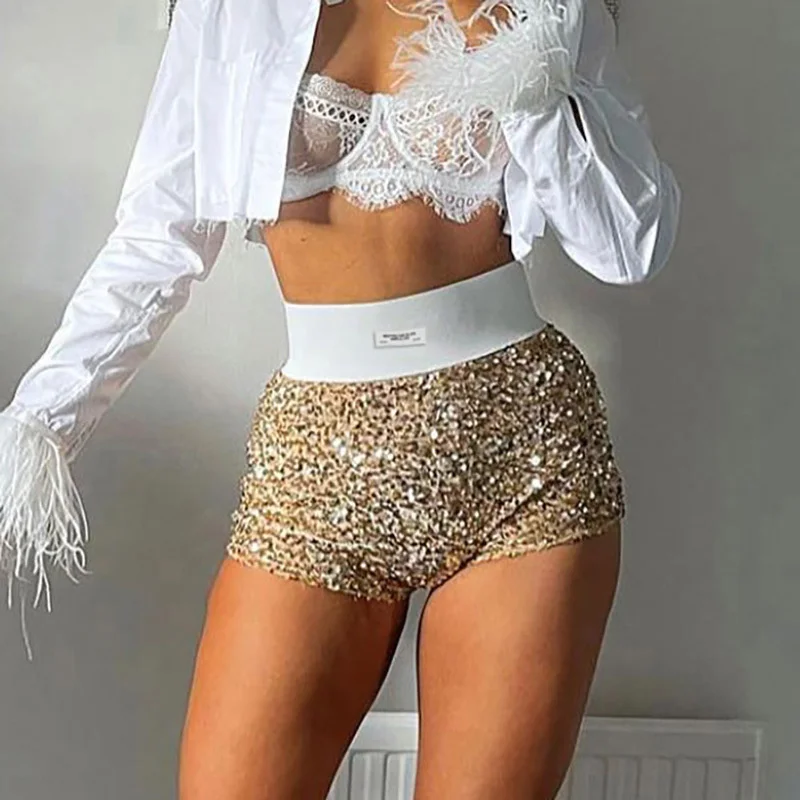 

Summer Spring Women's Sexy Gold Sequins Party Club Shorts Lady High Waist Glitter Bottoms Glossy Short Pants