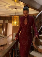 Sexy Lace Hollow Out Slim Evening Dresses Women Vintage Solid Flared Sleeve Button Collar Long Dress Female Chic Party Vestidos 2