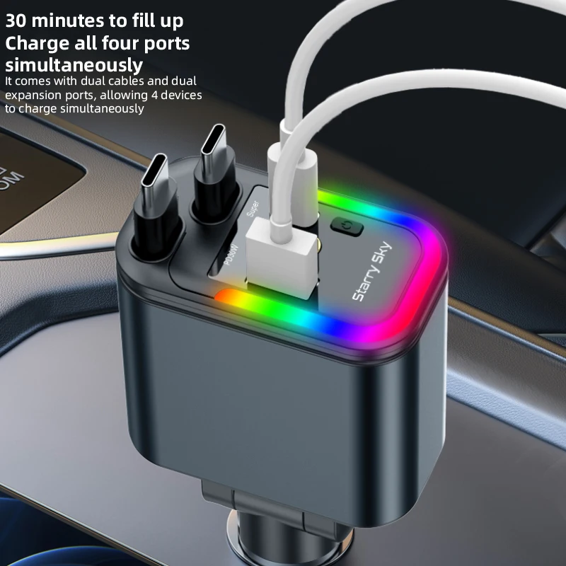 4-in-1 PD30W Car Fast Charger USB Type-C Power Adapter Retractable Phone Charger With Roof Starlight For IOS Android Phones