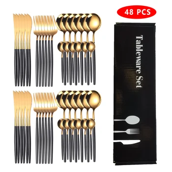 48-Pc Black & Gold Stainless Steel Cutlery Set – Western Dinnerware 1