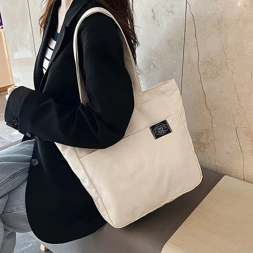 여성용 캔버스 토트백, 단색 디자이너 숙녀 캐주얼 핸드백, 숄더백, 대용량 면 재사용 가능한 쇼핑 비치 백 3
