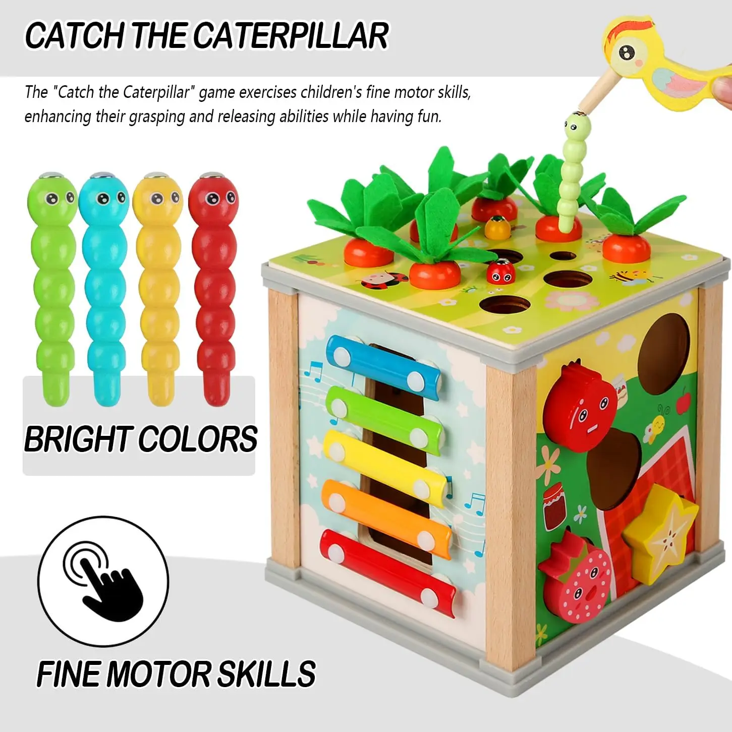 6in1 Wooden Activity Cube Montessori Toys for 12M+ Baby Carrots Harvest Game&Bead Maze Preschool Learning Education Shape Sorter 5