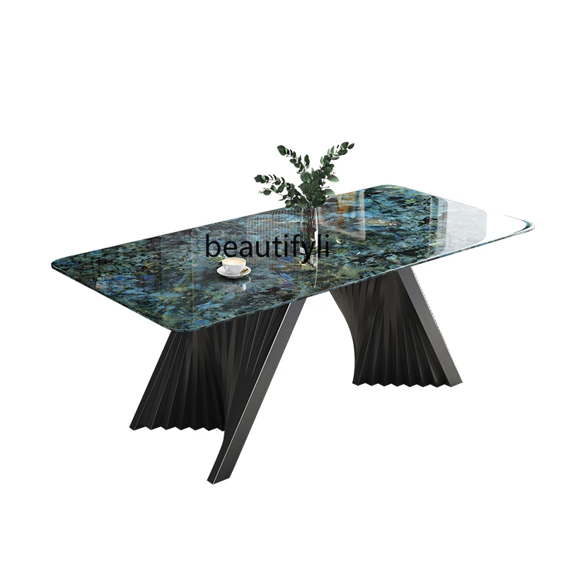 

Natural Marble Dining Tables and Chairs Set Rectangular Household Microlite Italian Light Luxury Long Table