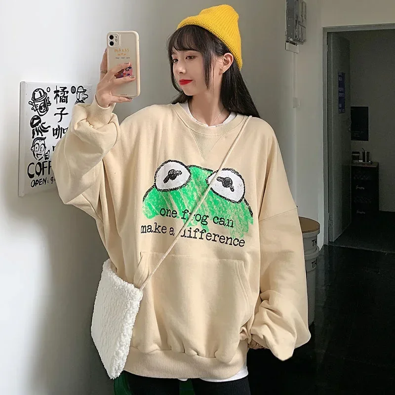 Cute Frog Printed Pullovers Women O-Neck Thin Loose Casual Sweatshirts with Big Pocket Spring Autumn Mid-Length Leisure Pullover