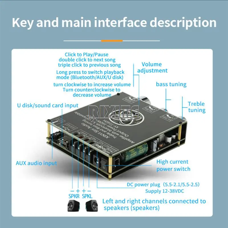 Módulo Placa Amplificador de Potência de Áudio Bluetooth Ajuste de Alto Baixo Estéreo de Dois Canais Xy-t160h Tda7498e 160wx2 - Image 4