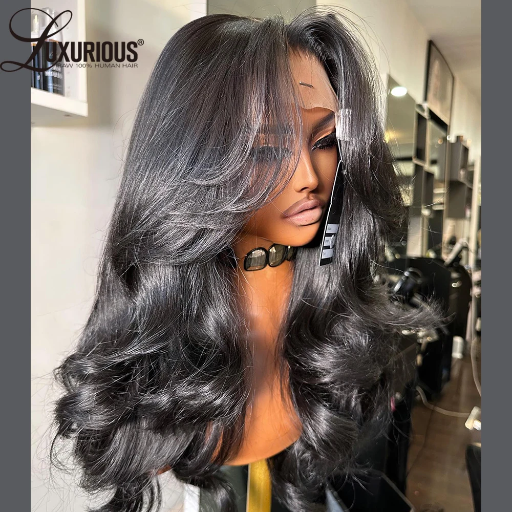 Glueless 360 Lace Wig Human Hair Blow-out Layered Human Hair Wig Natural Black Color Wear And Go Preplucked 250%