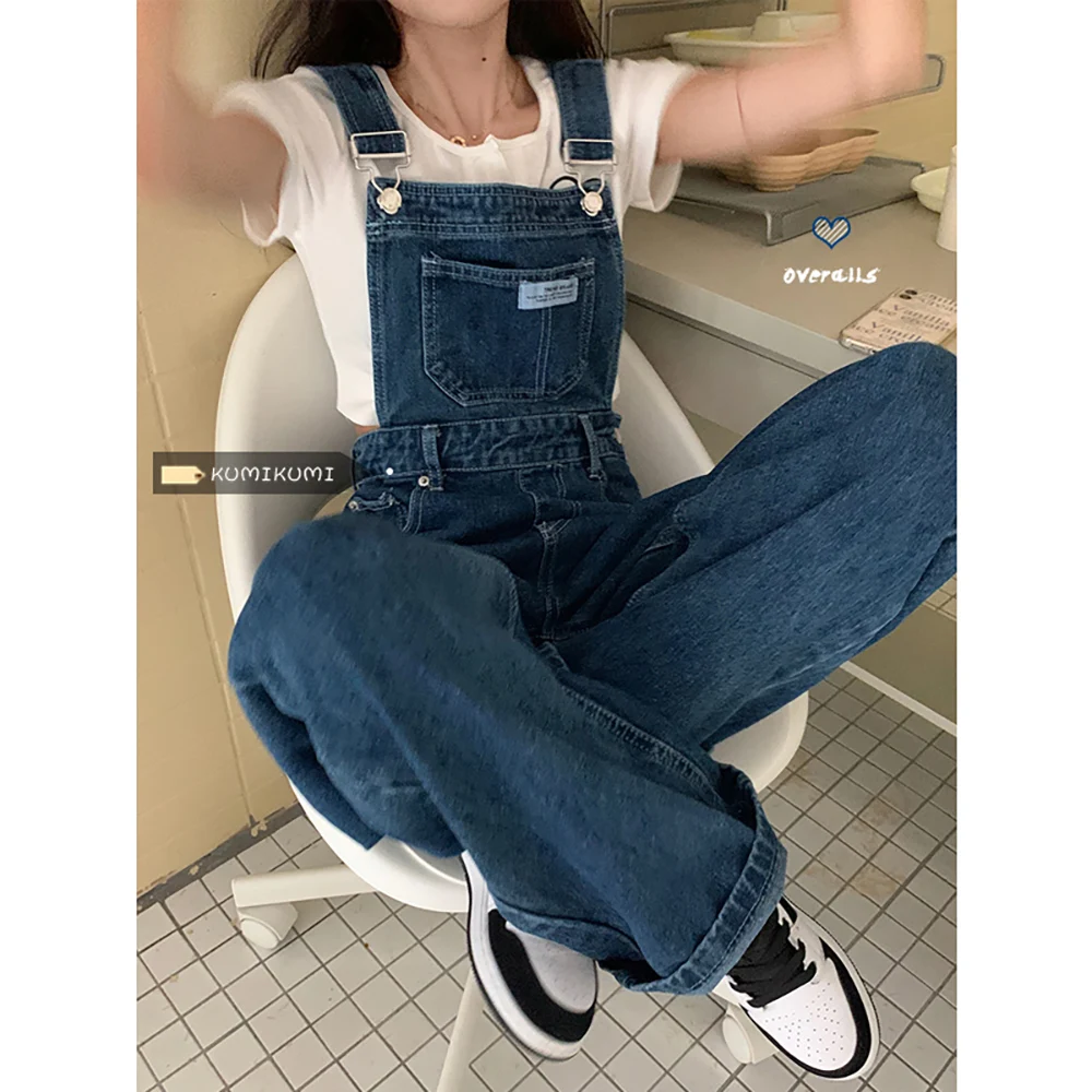 Vintage Straight Loose Denim Pants Women Overalls Fashion High Wasit Wide Leg Pants Jumpsuit Casual Straps Suspender Jeans loose wide leg patchwork denim jumpsuit women rompers 2023 vintage streetwear straps baggy pants dungarees casual jeans overalls