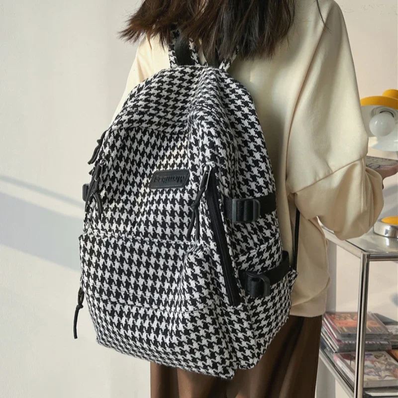 Knitted Backpack for Women Girls Large Capacity Travel Backpack Student Schoolbag Houndstooth Pattern 2