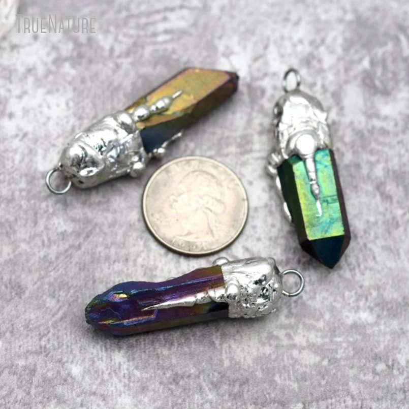 

10Pcs Wholesale Titanium Rainbow Color Tin Clear Crystal Handmade Jewelry Soldered Free Form Pillar Point Pendant PM29185