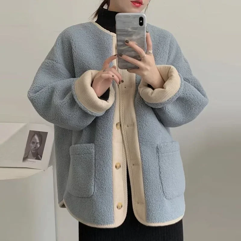 

Lamb Fleece Coat 2023 New Women Single-breasted Long-sleeved Top Loose Lamb Fleece Velvet Fashion Warm Winter Jackets for Women