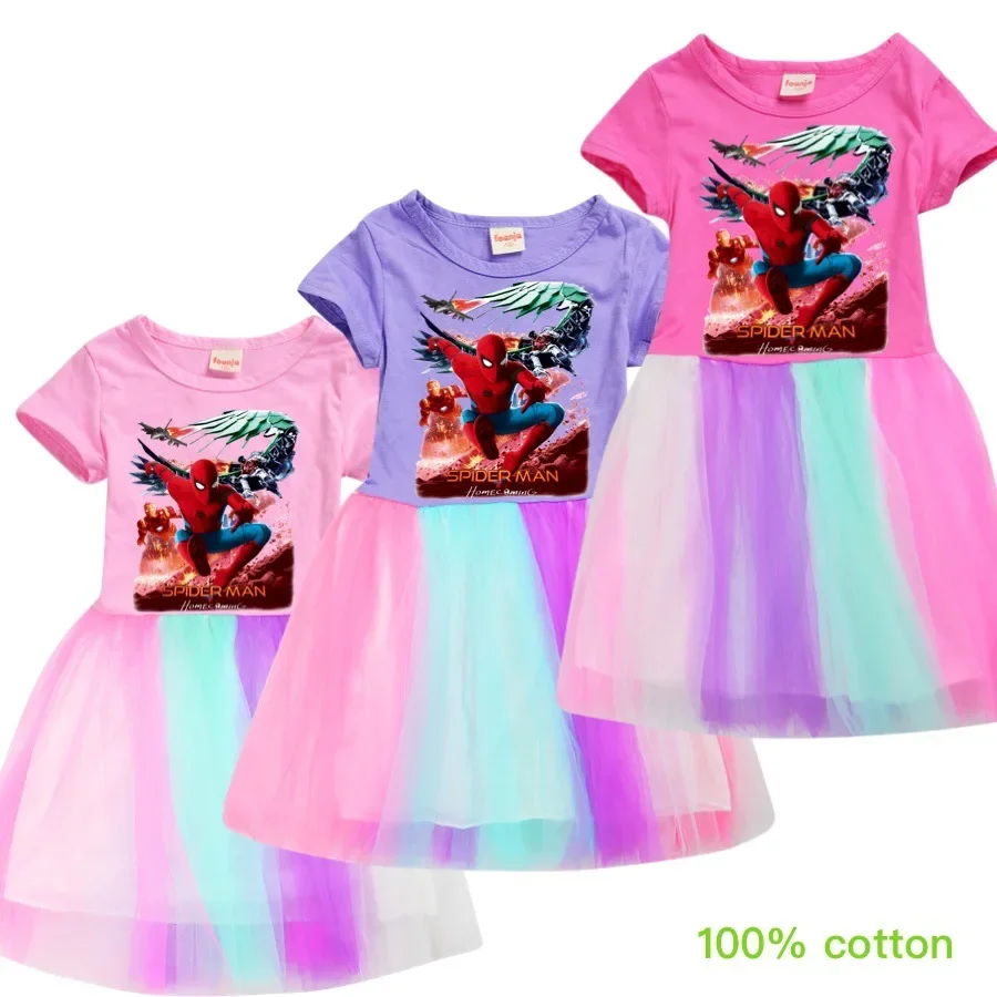 Children Dress Summer Children Elegant Dress Cartoon Popular Hero Spiderman Print Girls Princess Dress Kid Baby Cotton Short Sleeve Kid Clothes
