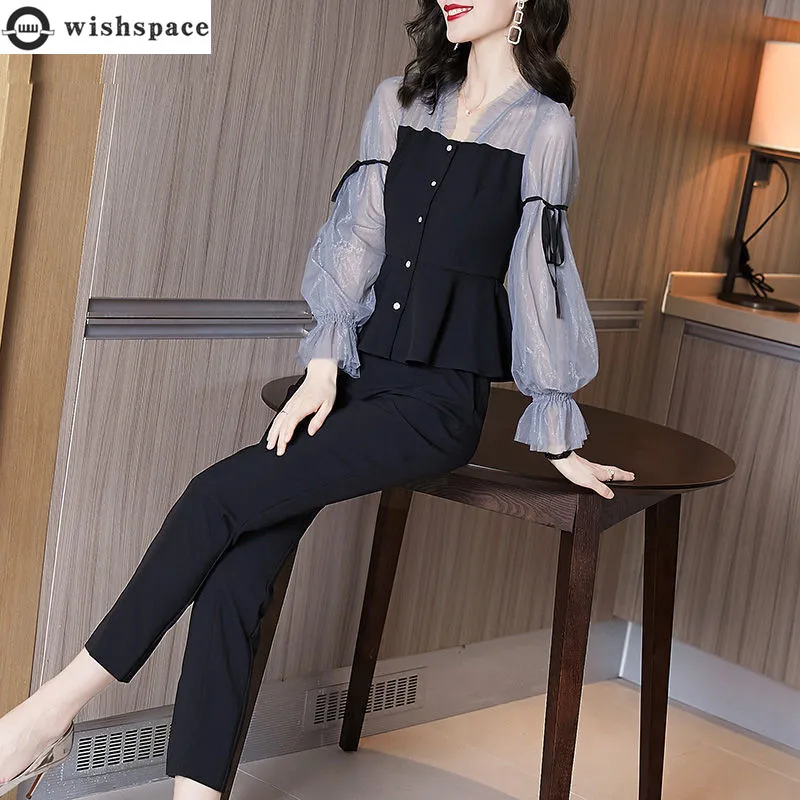 New Fashion Suit Women's Spring and Autumn Large Size Temperament Thin Bubble Sleeve Chiffon Shirt Pants Two-piece Suit Women