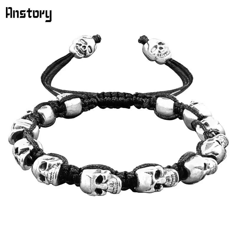 Smile Skull Skeleton Bead Bracelets Strand Vintage Boho Antique Silver Plated Handmade Rope Woven Jewelry silver plated bracelet,beaded bracelet,silver bracelet,string bracelets
