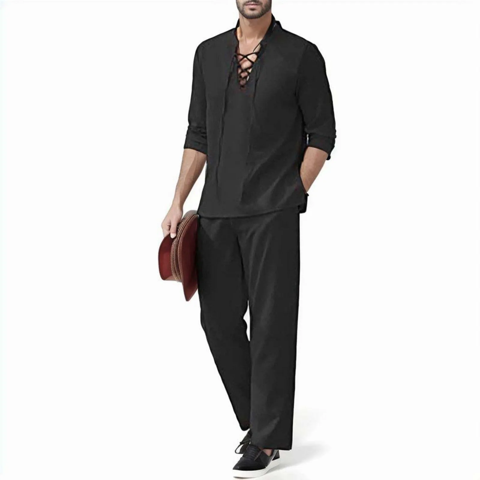 

New Men'S 2 Pieces Cotton Linen Set Long Sleeve Henley Shirts Casual Beach Pants With Pockets Summer Yoga Vintage Outfits