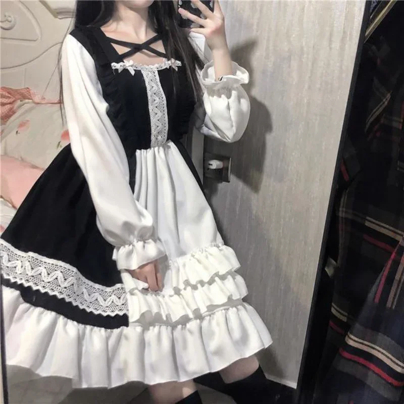 

Japanese Harajuku Kawaii Lolita Lace Dress Woman Elegant Fairycore Dark Aesthetic Long Sleeve Dress Y2k Alt Casual Cute Clothes