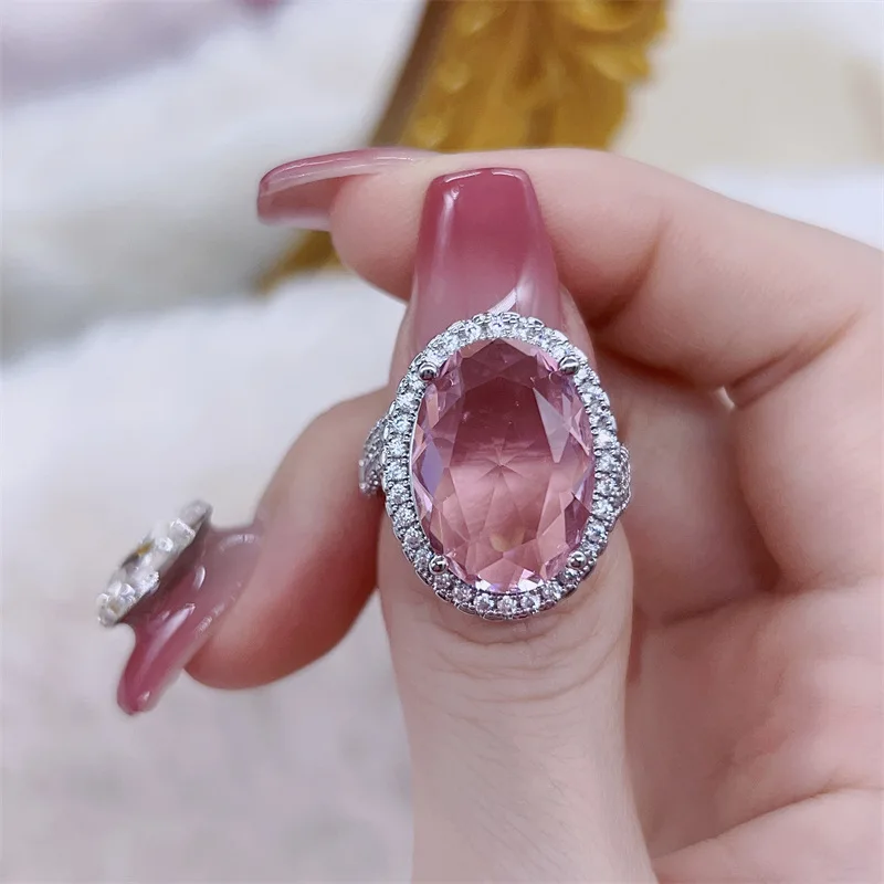 

European and American exquisite sweet exaggerated pink crystal open ring 925 sterling silver hypoallergenic non-fading ring
