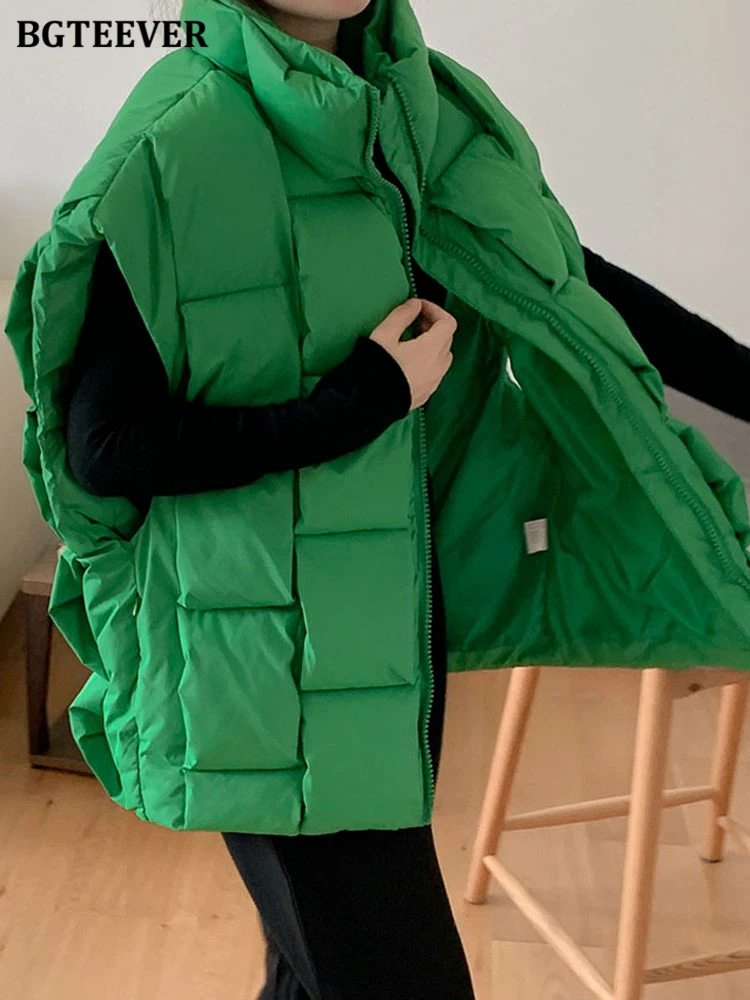 BGTEEVER Winter Sleeveless Cotton Padded Women Parkas Vests Casual Loose Zippers Female Down Jackets Plaid Ladies Warm Coat