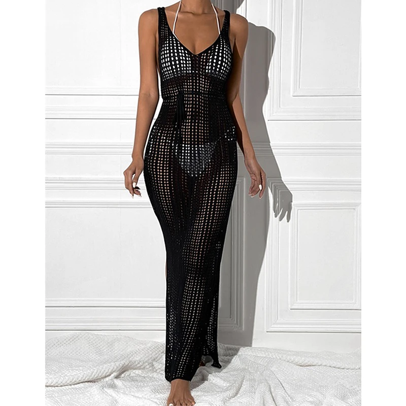 

New Sexy Hollow Fishnet Mesh Maxi Knit Dress Women Party Club See Through Bodycon Long Dresses Summer Beach Holiday Outfits