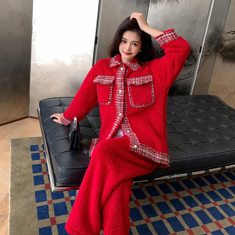 New Sleepwear Women's Autumn/Winter Coral Plush Top and Bottom Long sleeved Pants Set with Flip Collar Loose Warm Coat
