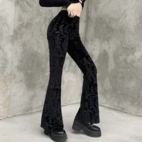 Y2K Velvet Pants Gothic See Through Winter Mesh Patchwork Grunge Streetwear Vintage Black E Girl Leg Belted Flared Pants 3