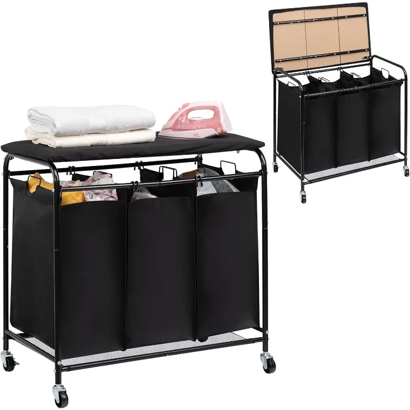 

Laundry Sorter with Foldable Ironing Board,Heavy-Duty Rolling Laundry Cart with Removable Bags,Triple Laundry Hamper with Wheels