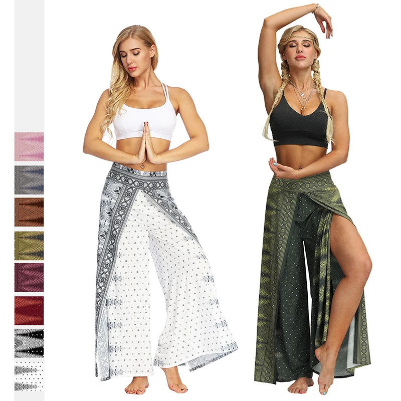 Women Baggy Harem Pants Summer Casual Loose Split Straight Pants Aladdin Boho Hippie Trousers Yoga Joggers Wide Leg Pants