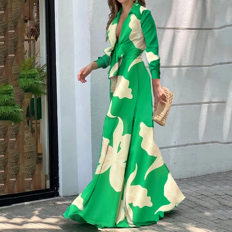 RDMQ 2023 Women Jumpsuit Fashion V Neck Long Sleeves Lapel Solid Nipped Waist Lace Up Loose Wide