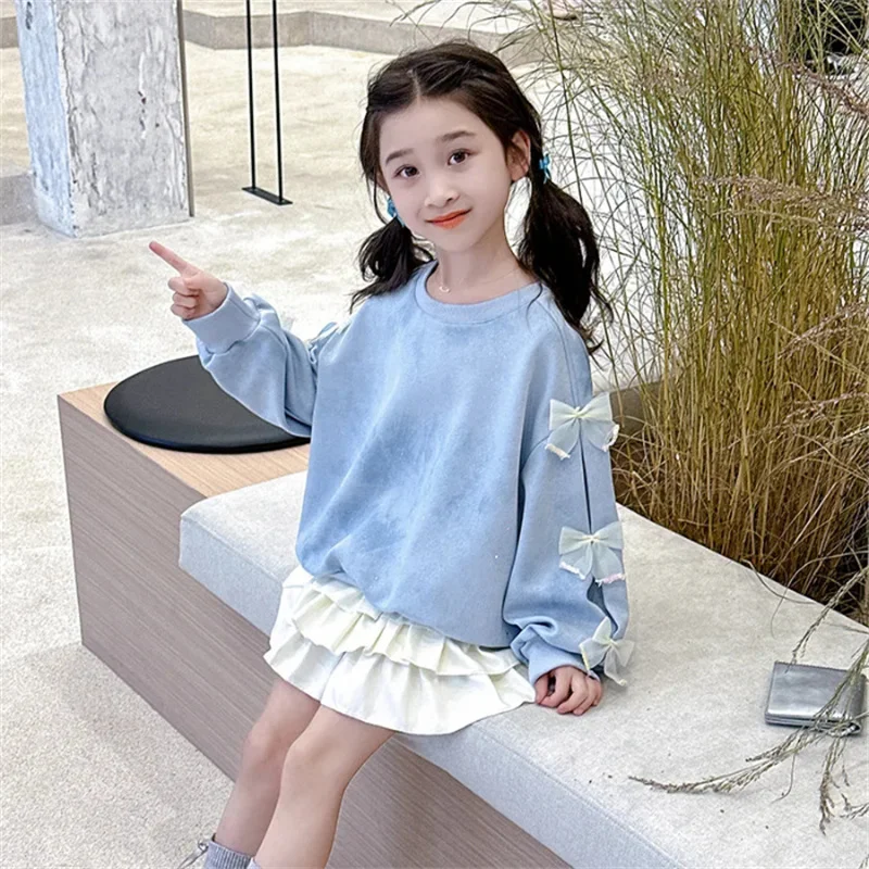 Girls Sweet Sweatshirt Spring Bow Tops Autumn New Fashion Cute Pullover Children Long Sleeve Casual Clothes 3-14 Years Old
