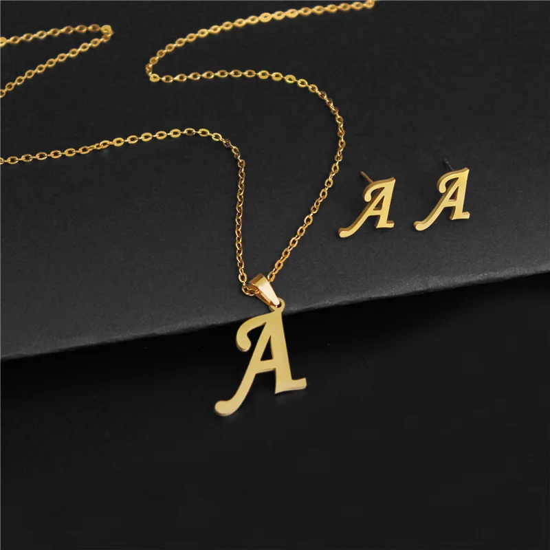 alphabet pendant necklace and earrings set