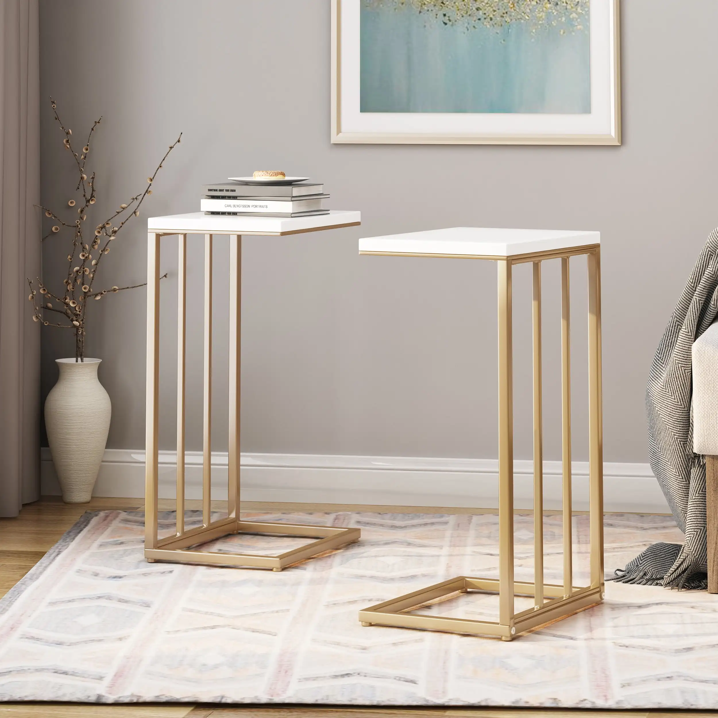 

Noble House Wade Modern Glam C High Load-bearing Strong Stable and Durable Side Table Set of 2 Champagne Gold White