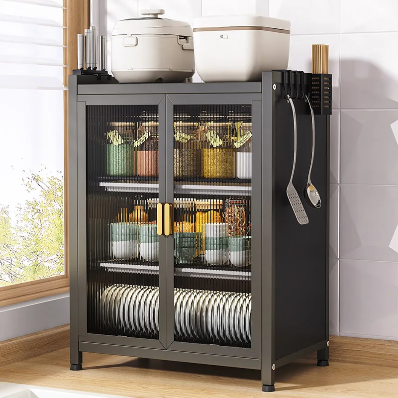 Compact Kitchen Storage Cabinet with Hooks and Plastic Doors &ndash; Durable Iron Frame Space-Saving Dish Organizer for Kitchens