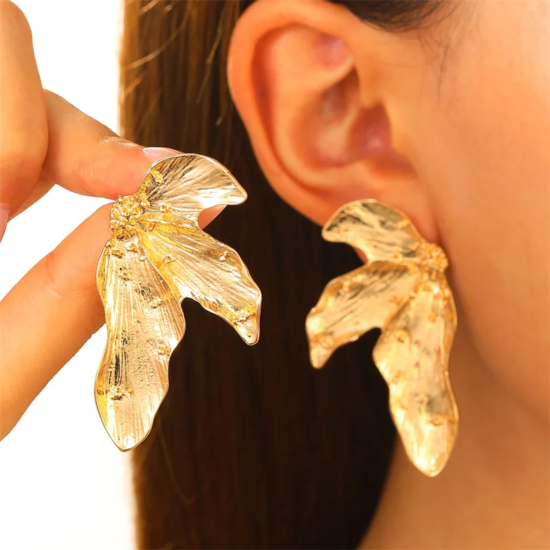 Gold Color Exaggerated Leaf Vintage Summer Stud Earrings for Women Girls Metal Geometric Statement Party Holiday Fashion Jewelry
