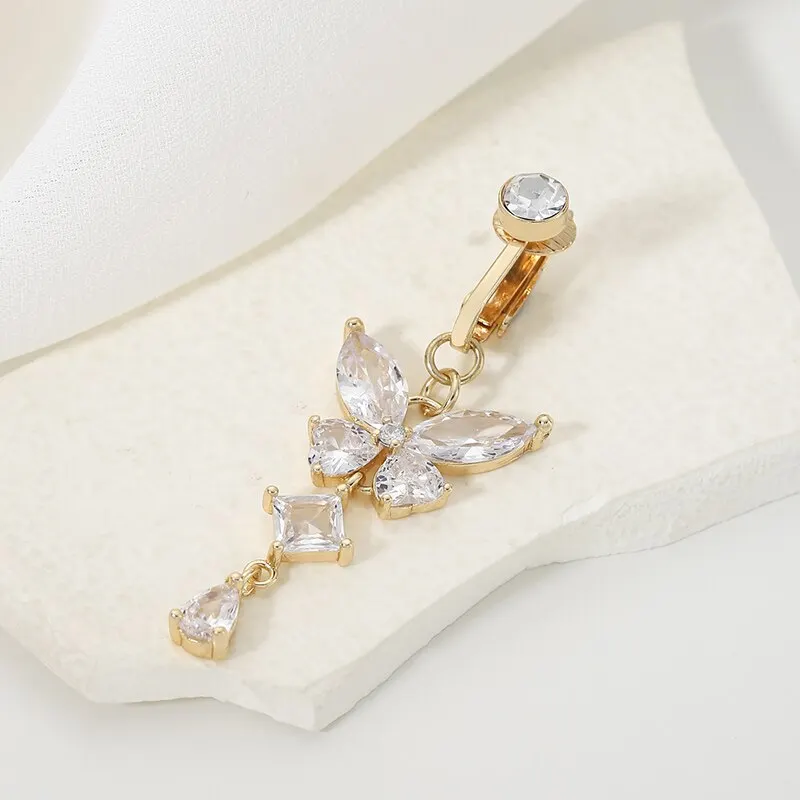 Clip On Belly Button Ring Butterfly Shape Copper Zircon Fake Belly Piercing Umbilical Navel Body Jewelry Trendy Fashion Style